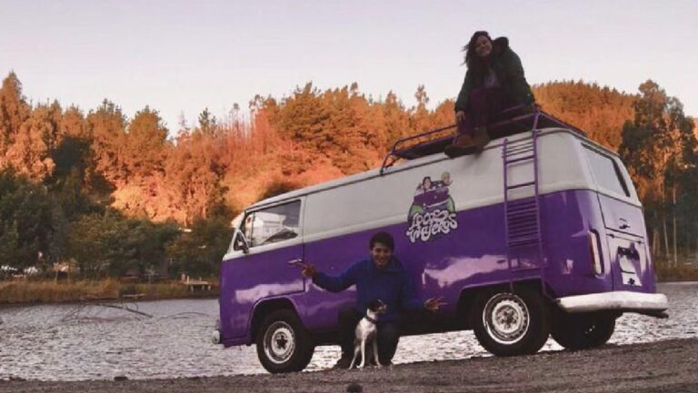 ¡Locos viajeros! Pololos de Puente Alto llegaron hasta la cordillera a bordo de una Kombi con su mascota